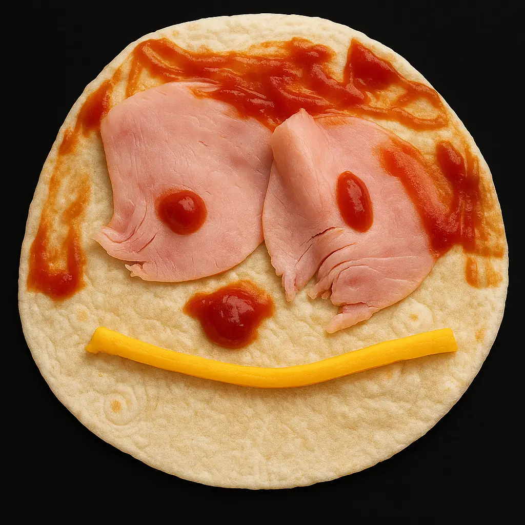 A round tortilla on a black background decorated as a face: two ham slices with ketchup dots as eyes, ketchup smeared as hair and nose, and a curved yellow cheese stick forming a smile.